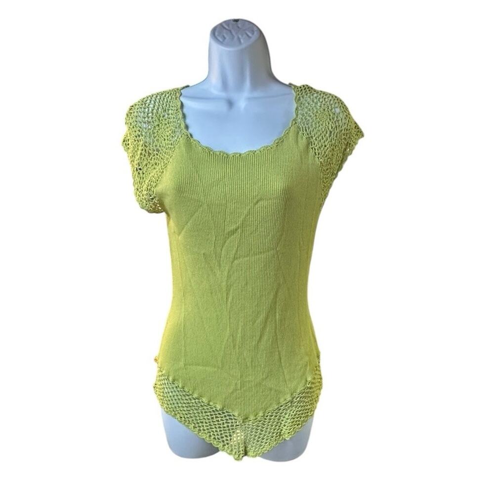 Vintage CACHÉ Lime Green Knit Top Crochet Trim Pointed Hem Y2K Stretch Large